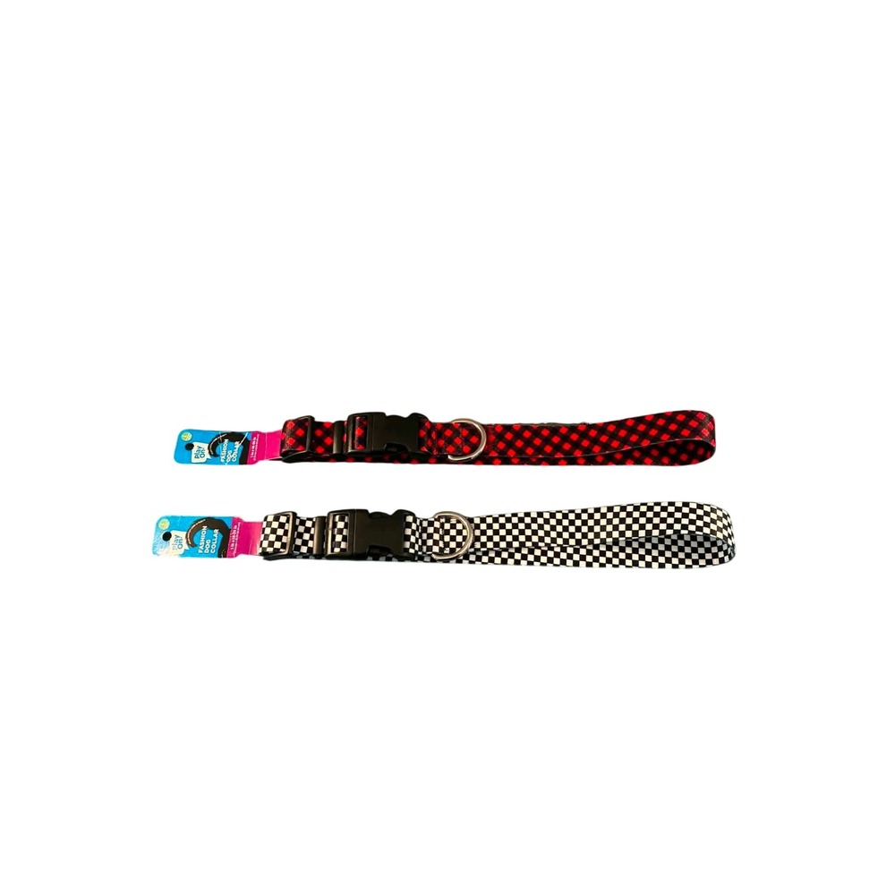 Play On Dog Collar Set Large Red Black White‎ Plaid Checkered New 2 Pack